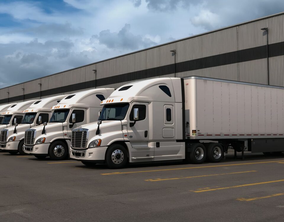 Header image with freight trucks at a warehouse